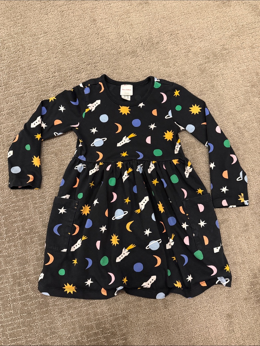 Space Print Long Sleeve Kids Dress